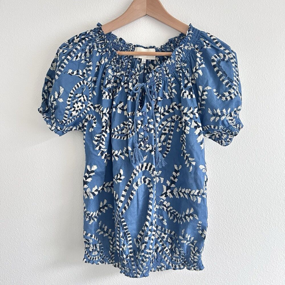 Jones New York Geometric Blue Peasant Boho Blouse Puff Sleeve  Size Small